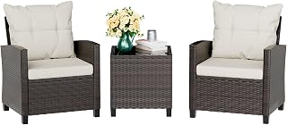 Vongrasig 3-Piece Beige Wicker Rattan Patio Bistro Set with Cushions & Glass Table - Outdoor Conversation Set for Porch, Balcony, Garden