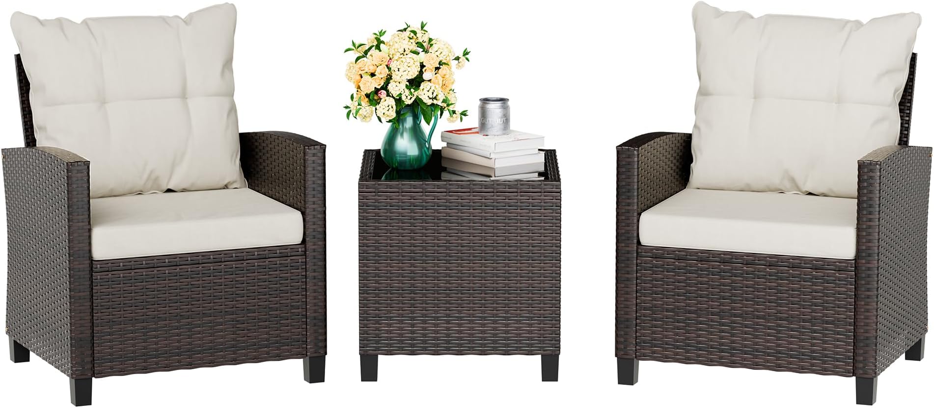 Vongrasig 3 Piece Patio Furniture Set Small Outdoor Wicker Rattan Front Porch Bistro Set Cushioned Patio Chairs Conversation Set with Glass Table for Lawn, Garden, Backyard, Balcony, Poolside (Beige)