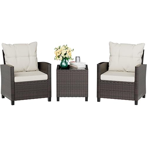 Vongrasig 3 Piece Patio Furniture Set Small Outdoor Wicker Rattan Front Porch Bistro Set Cushioned Patio Chairs Conversation Set with Glass Table for Lawn, Garden, Backyard, Balcony, Poolside (Beige)