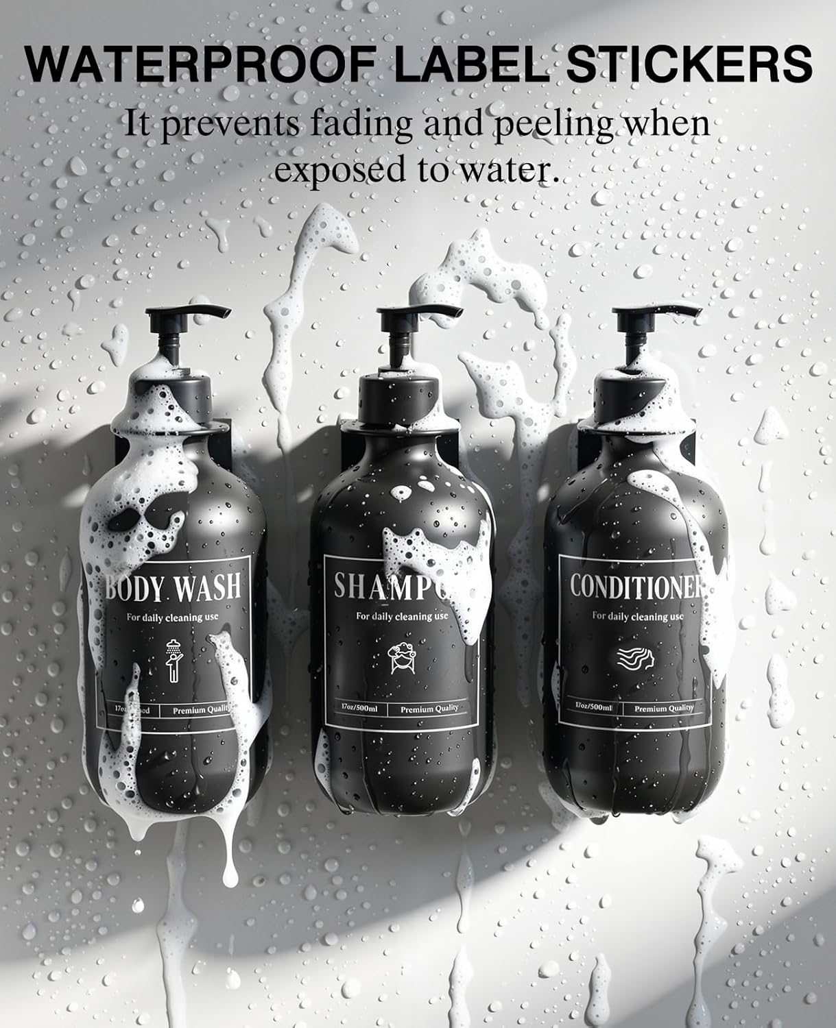 Luxspire Shampoo and Conditioner Dispenser, Shower Soap Dispenser Wall Mounted 3 Sets, 17OZ Shampoo and Conditioner Bottles for Bathroom, Shower Wall and Hotel, Black