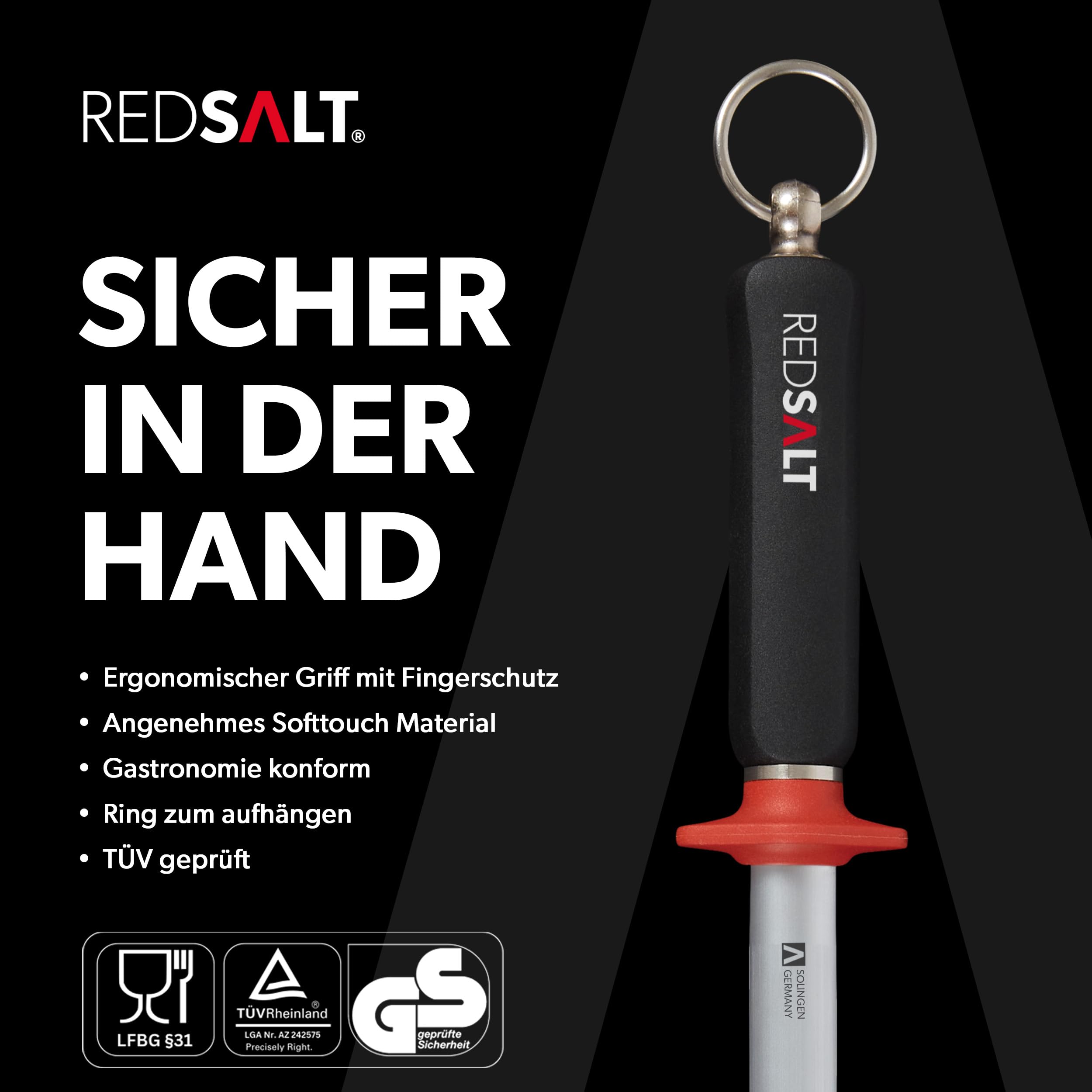 REDSALT® Profi Wetzstahl 30 cm oval – Microfeiner Saphirzug für Damastmesser & hochwertige Kochmesser | HRC 65 Chrom-Vanadium-Stahl | Made in Solingen | Premium Messerschärfer