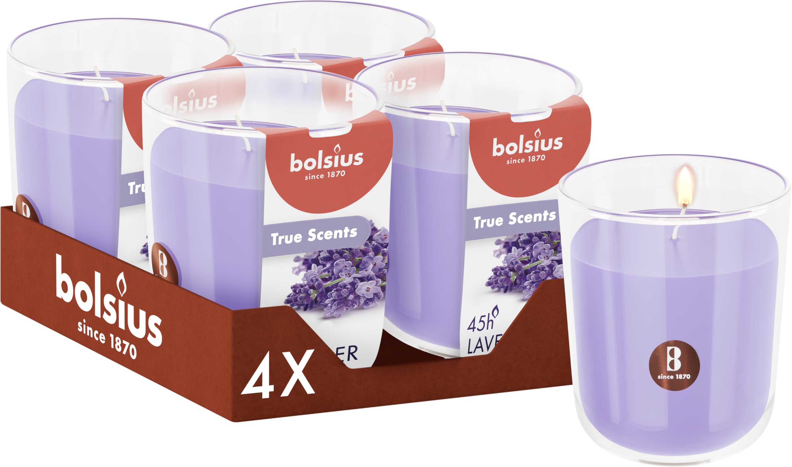 Bolsius - Lavender - Purple - Set of 4 Scented Candles - 3.8″ × 3.3″ - Burn time: 45 Hours - with Natural extracts - Natural Vegetable Wax - Palm Oil Free