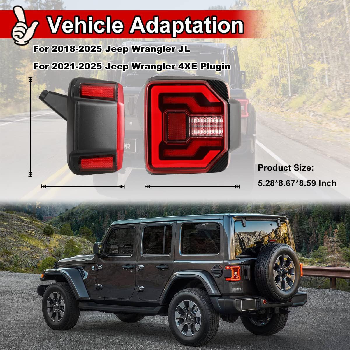 Nixon Offroad Tail Lights for Jeep Wrangler JL JLU 2018-2025/Wrangler 4XE Plugin 2021-2025 Tail Lamps LED Rear Lights Car Rear Lamps Assembly Replacement 1Pair (Black Housing/Red Lens)