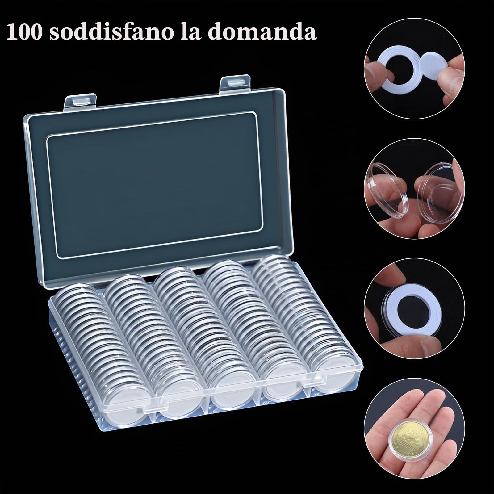 100 Pezzi Capsule di Monete, 30 mm Custodie per Monete in Plastica, Scatola Portamonete, Trasparente Rotondo Scatola Portamonete con 100 Guarnizione in Schiuma, 5 Dimensioni (17/20/25/27/30mm)