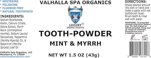 Miniatura 4 de Polvo dental con menta y mirra  Pasta de dientes natural  Sin flúor  Blanqueamiento  Pulido  Valhalla Spa Organics 1.5 oz