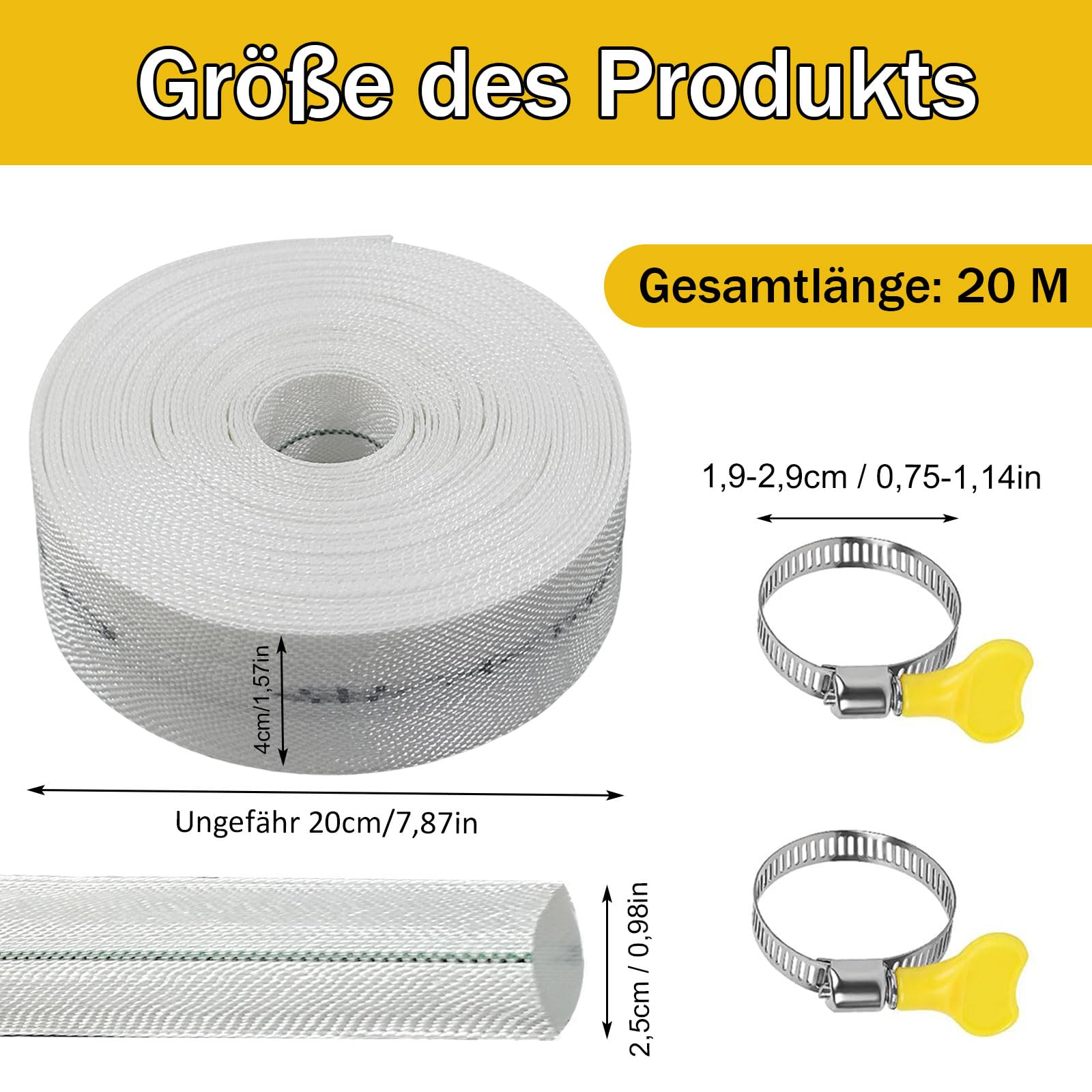 Wąż tkany, 20 m Ø 25 mm, wąż płaski, 1 cal, przenośny wąż z 2 obejmami, do pomp głębinowych, nawadniania ogrodu, biały