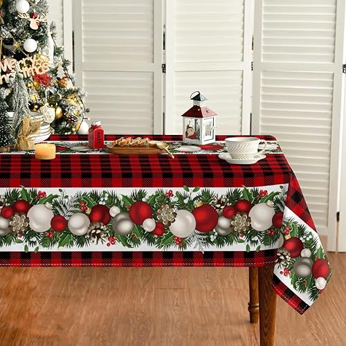 Horaldaily Mantel de Navidad de 60 x 120 pulgadas, adornos de bolas de Navidad de búfalo rojo, lavable, para decoración de fiestas, pícnic, cenas