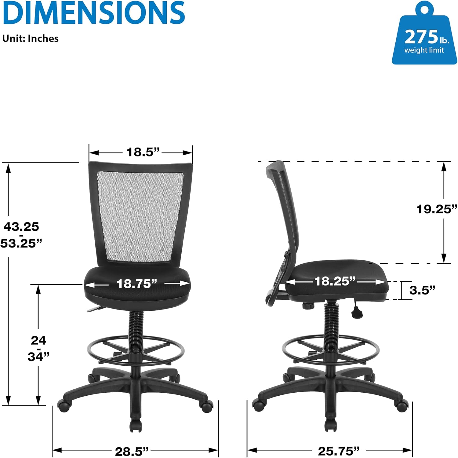 Office Star 693 Series ProGrid Mesh Back Ergonomic Drafting Chair with FreeFlex Thick Padded Seat, Height Adjustable with Foot Ring, Max Seat 34 Inches, Black