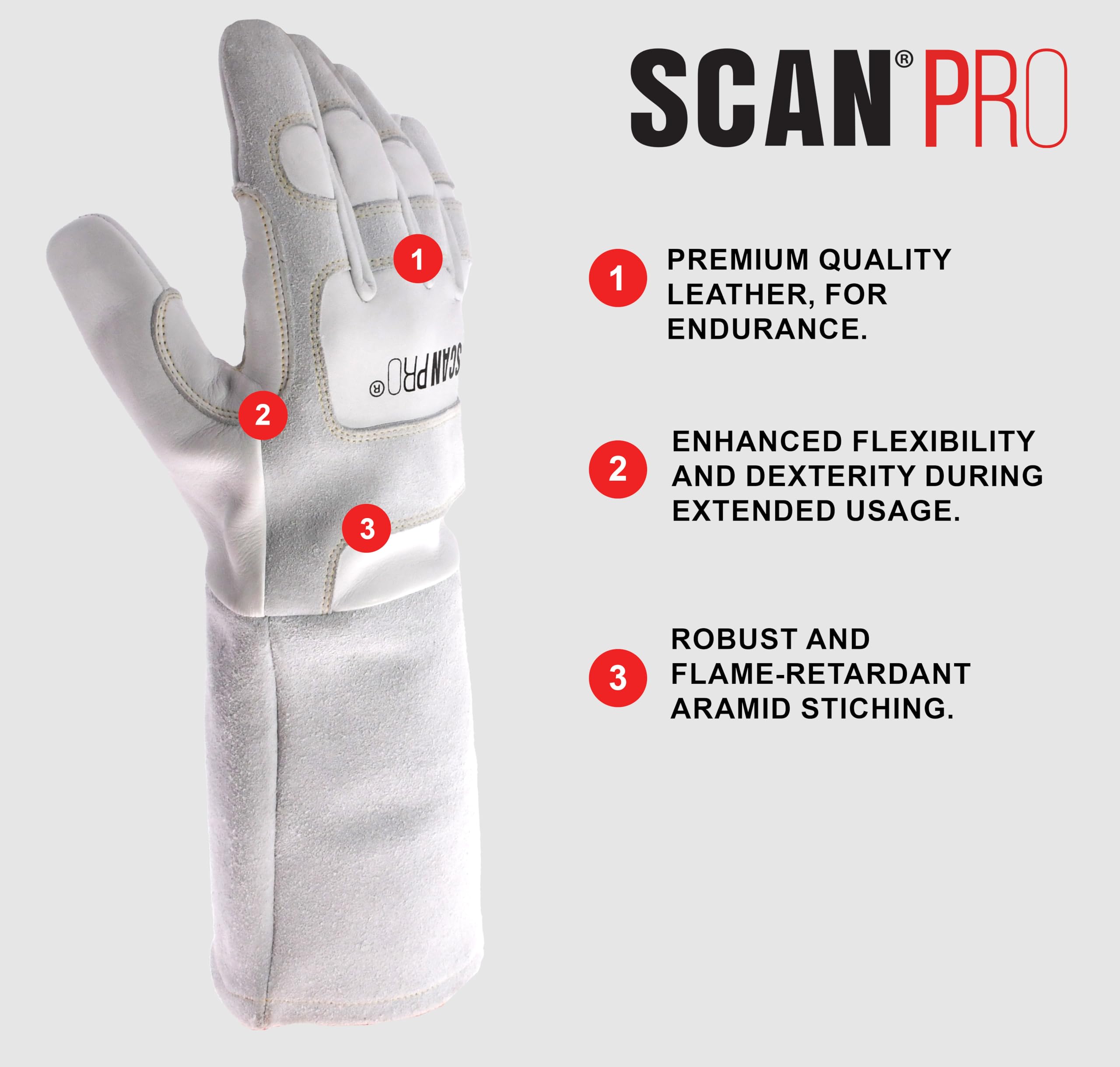 Scan Pro Welding Gloves, Premium Leather Flame Retardant Protective Gloves with Reinforced Palm & Thumb, Aramid Stitching - Image 3