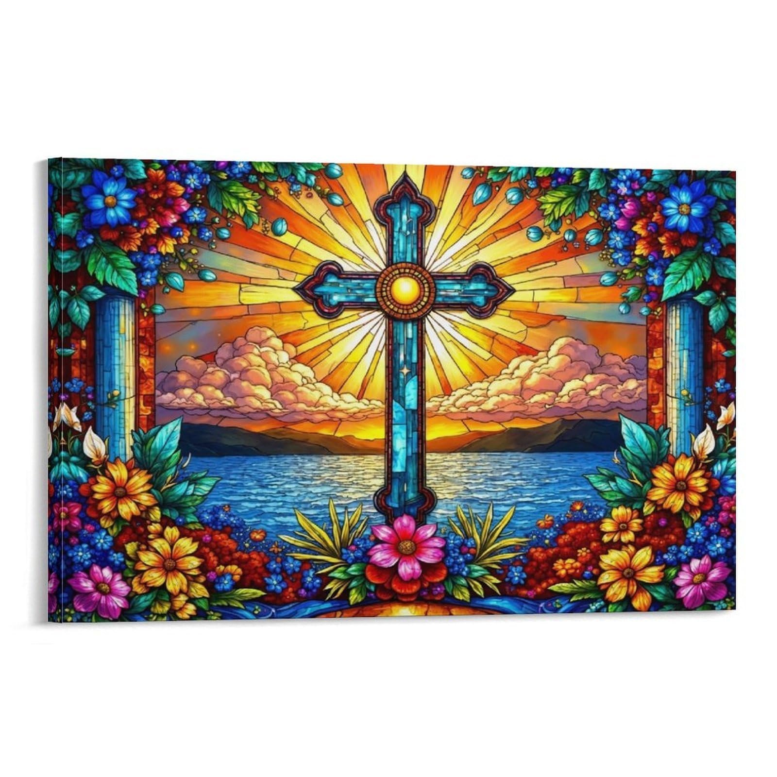 CPLVKWRQJ Stained Glass Cross Individual Floral Framed Cross Stained Glass Artwork Framed Canvas Art - Office Wall Decor Multi-Purpose Fade Resistant Statement Piece 20x30inch(50x75cm)
