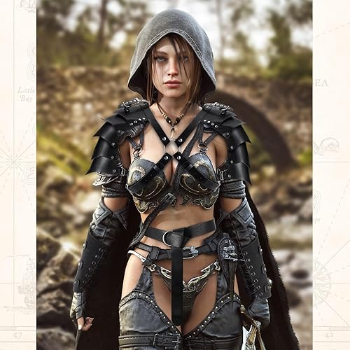 Miniatura 4 de Sanwuta 4 piezas de Halloween para adultos, cubierta de cuero para un solo hombro, protectores de brazo de piel sintética, cinturón medieval de