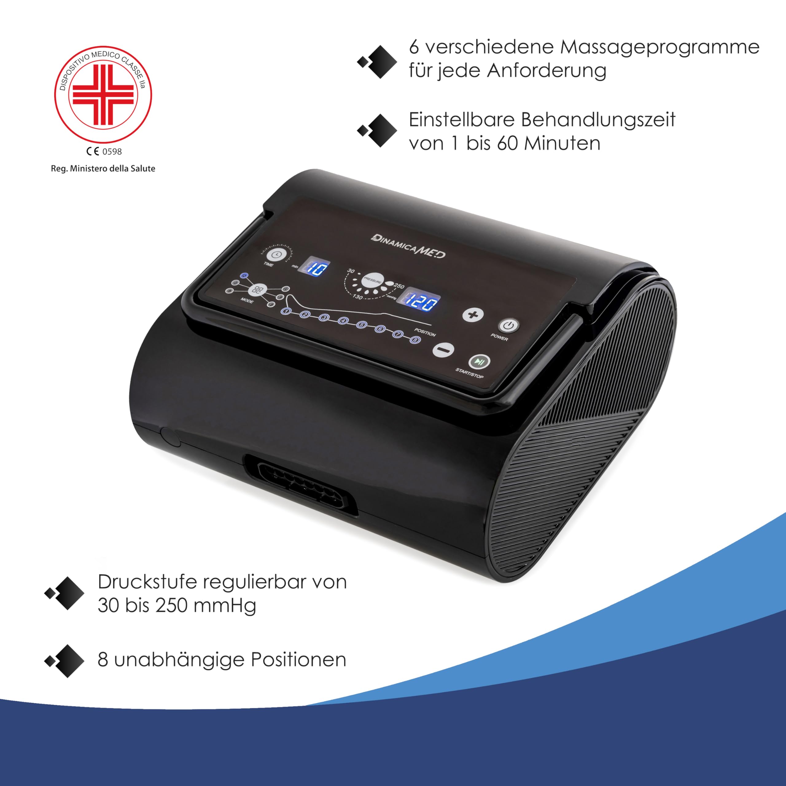 Dinamicamed | PREMIUM 8.0 Beinmassagegerät | 8 Luftkammern | 6 Programme mit Hose für Beine, Gesäß und Bauch | Individuell einstellbar, Fernbedienung | Pressotherapy Lymphdrainage Beine