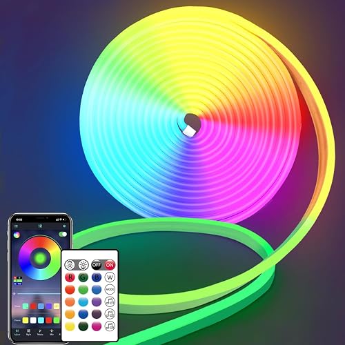 segrass 16.4FT DC24V RGB LED neon Rope Lights with Remote/APP Control Waterproof Flexible Neon LED Strip Lights LED neon Rope Lights for Bedroom Room Outdoors Decor
