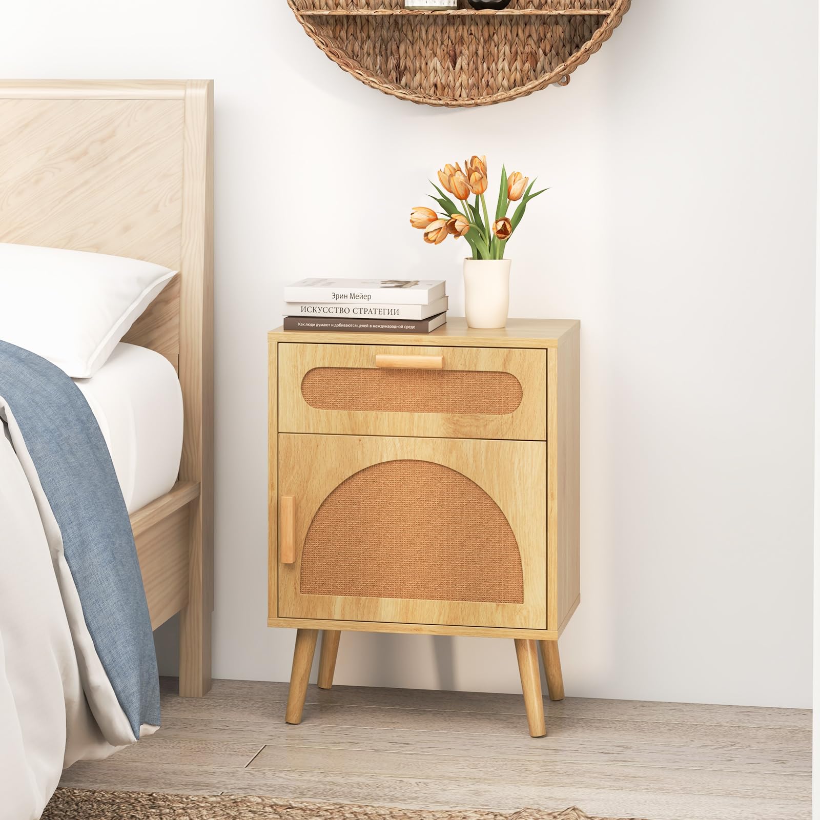 Comodino in rattan con gambe in legno massello, per soggiorno e camera da letto, 45 x 30 x 61 cm, naturale h