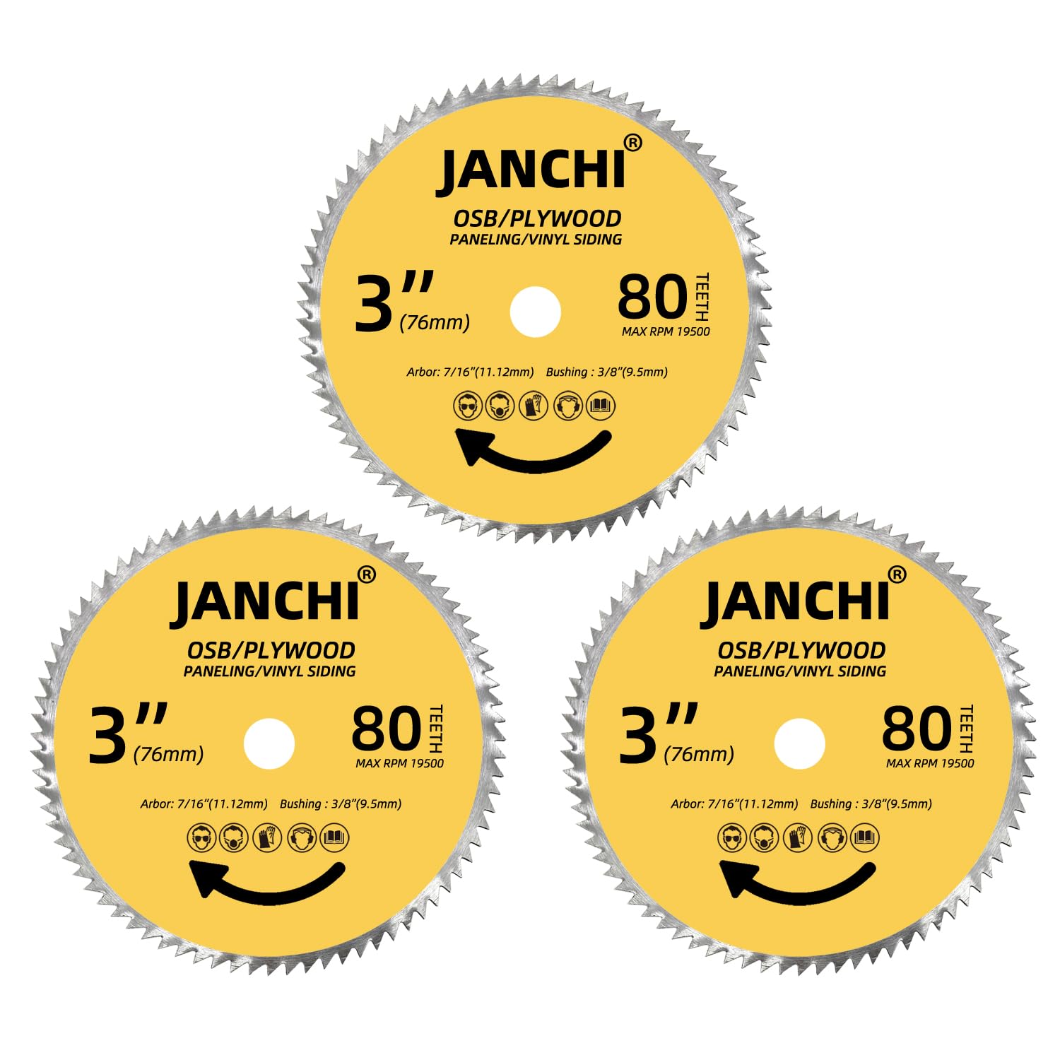 3Pack 3 Inch (76mm) 80T Circular Saw Blade, 7/16 Inch (11.12mm) Arbor with 3/8 Inch(9.5mm) Bushing, Plywood, OSB, Paneling and Vinyl Siding Fast and Smooth Cutting Saw Blade