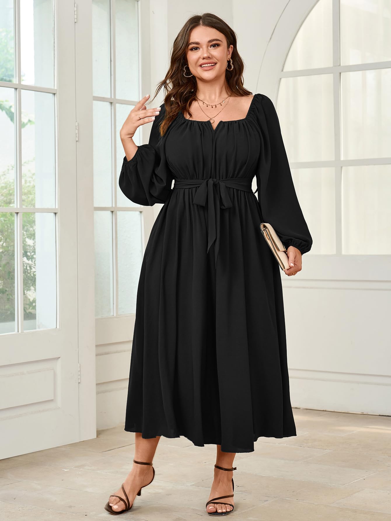 SCOMCHIC Women Plus Size Maxi Dress Long Sleeve Square Neck Wedding Guest Cocktail Belted Elegant Flowy A Line Long Dresses