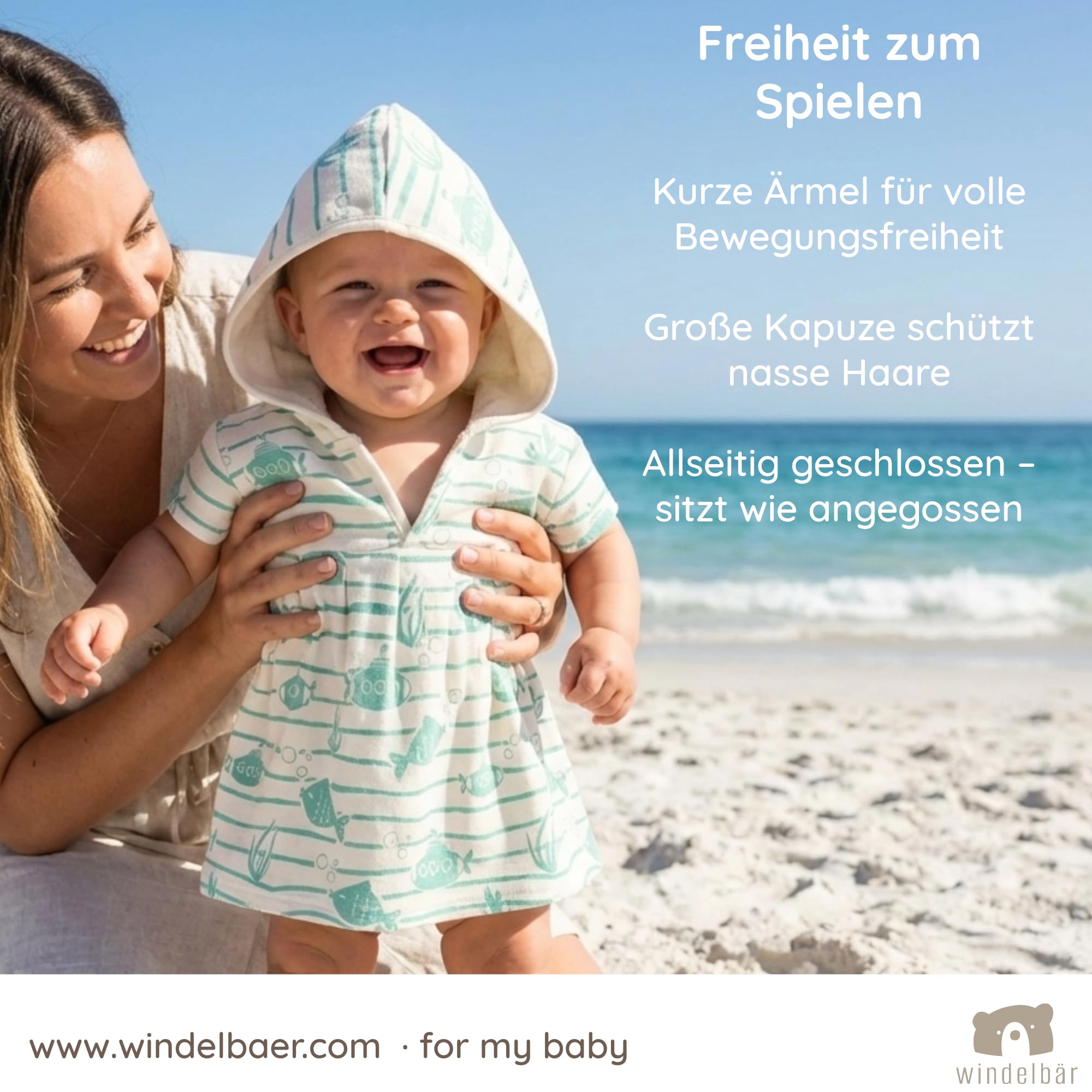 Baby Badeponcho Bio Baumwolle Saugstark Kapuzenhandtuch Kurzärmlig Unisex Fische U-boot Grün 62/68