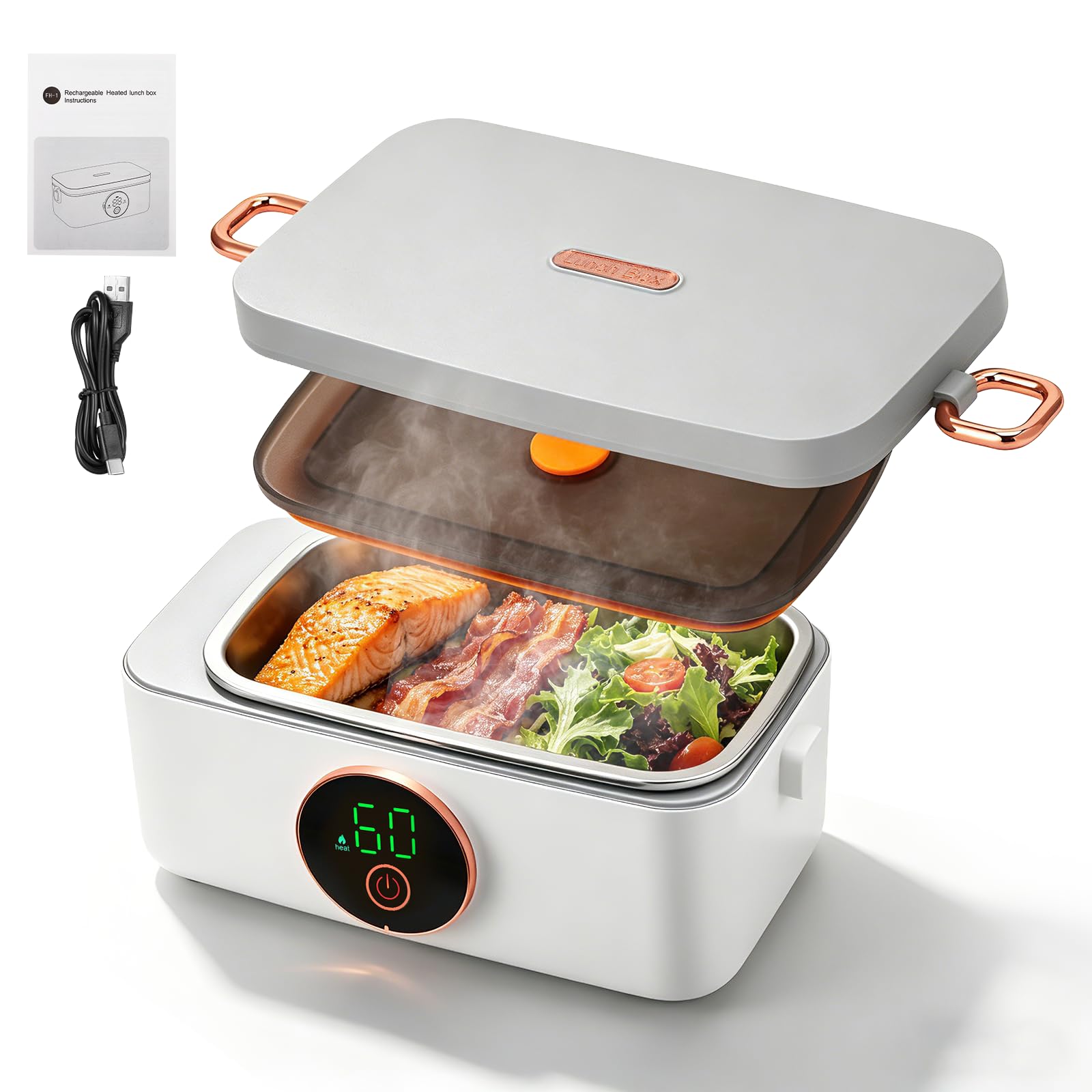 Contenitore per il pranzo elettrico con batteria, senza fili, portatile, riscaldato, 1 l, in acciaio inox, isolato e autoriscaldante, 6 temperature e 6 timer, per ufficio, picnic, auto, esterno