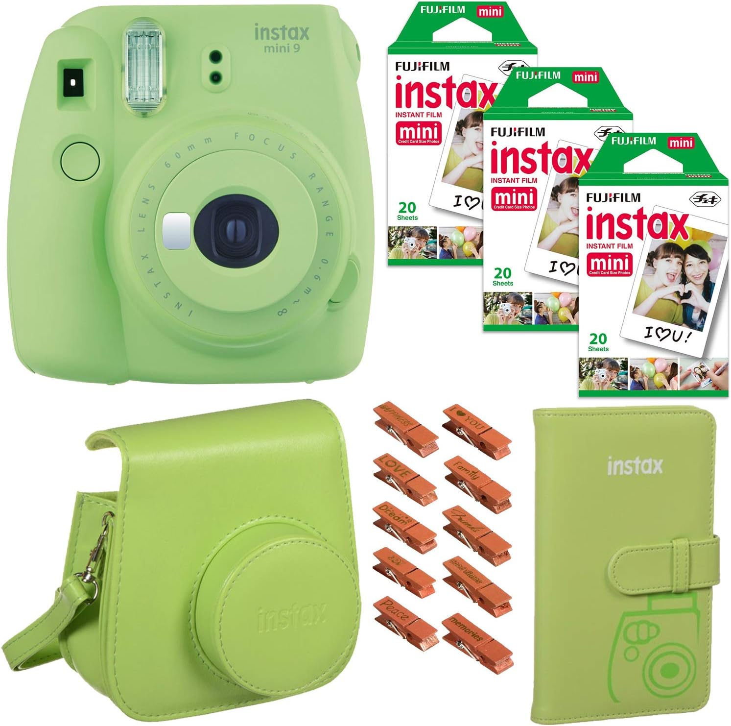 Fujifilm Instax Mini 9 (Lime Green), 3X Instax Film (60 Sheets), Groovy Case, Album and Hanging Pegs
