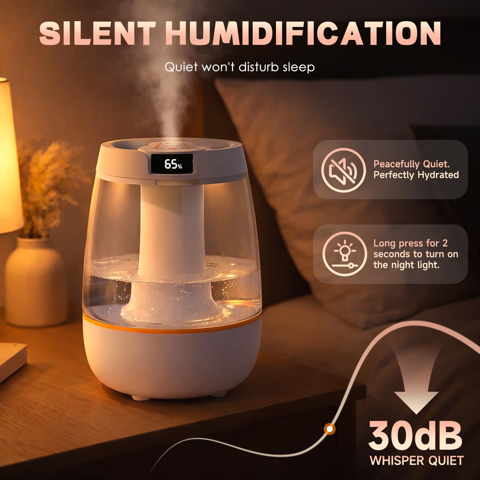 Umidificatore per camera da letto, umidificatore a nebbia fredda da 3 litri con luce notturna, funzionamento silenzioso con display digitale, 3 modalità di nebulizzazione per piante, dormitorio
