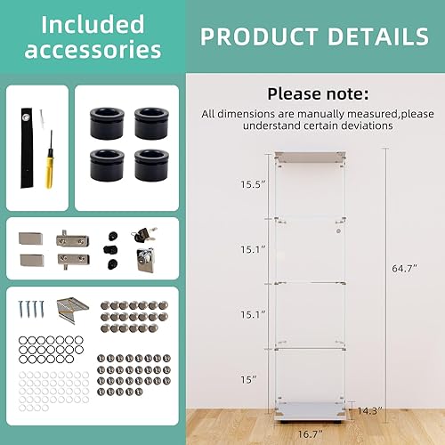 Miniatura 5 de Curio - Vitrina de cristal para coleccionables, con 4 estantes de exhibición, 64.2 pies de alto x 16.9 pulgadas de largo x 14.6 pulgadas de ancho,