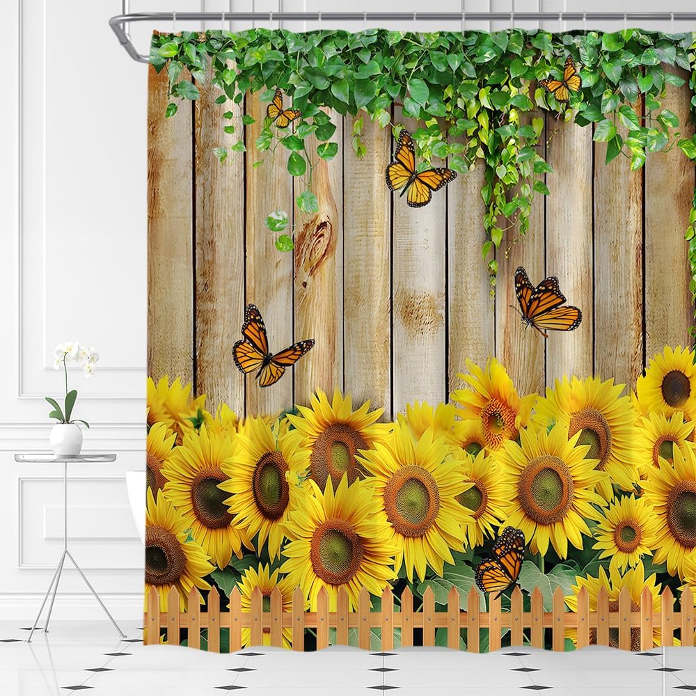 AMFD Sunflower Shower Curtain Rustic Farmhouse Yellow Flower Butterfly Country Wooden Plank Green Leaves Spring Flower Bathroom Curtains Decor Polyester Fabric Include Hooks,(70" Wx74.8 H)