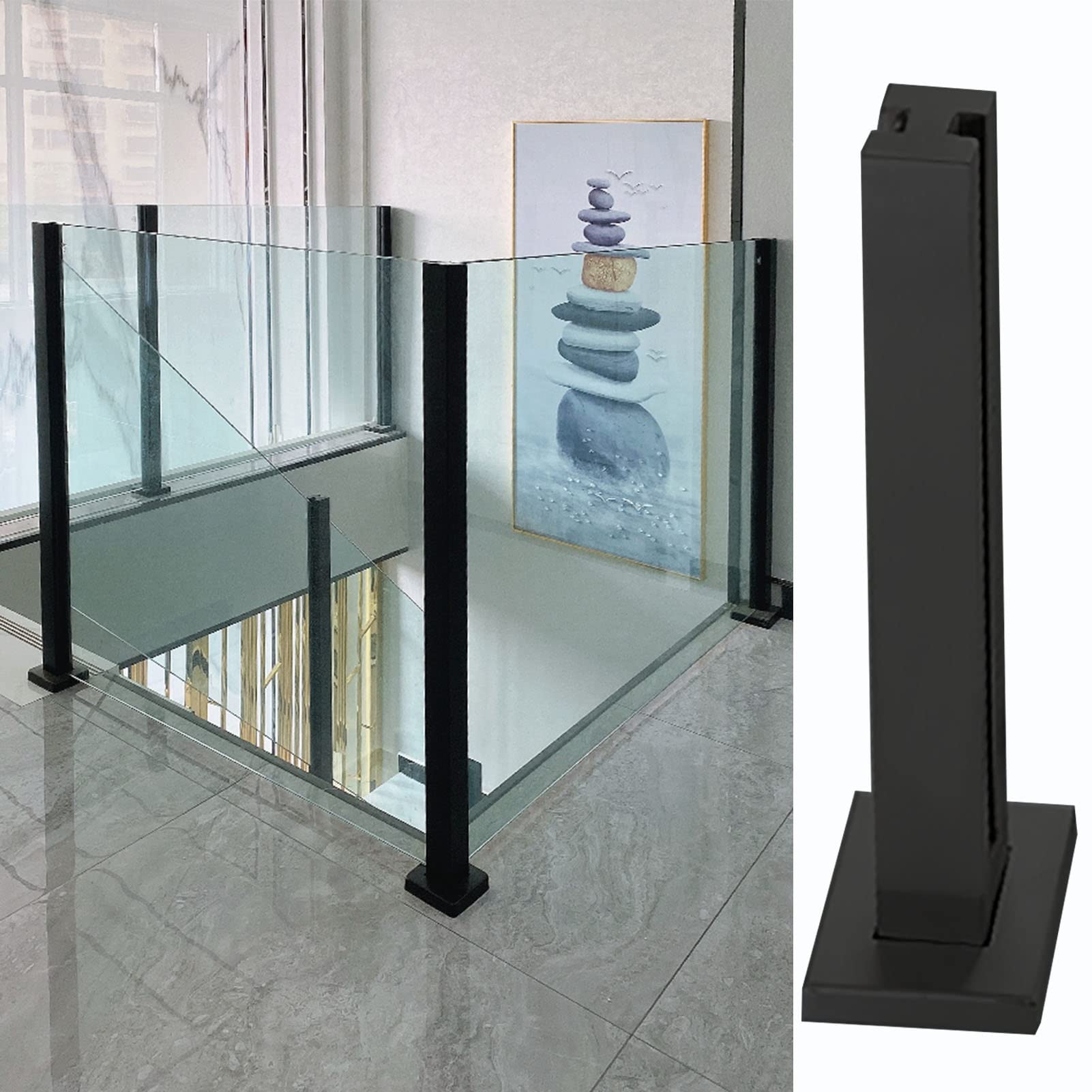LWJSOCP Heavy Duty 304 Stainless Steel Square Glass Railing Post & Stair Handrails - Indoor/Outdoor Balustrade for Balcony/Deck - Black End Post Height 105cm (41.3")