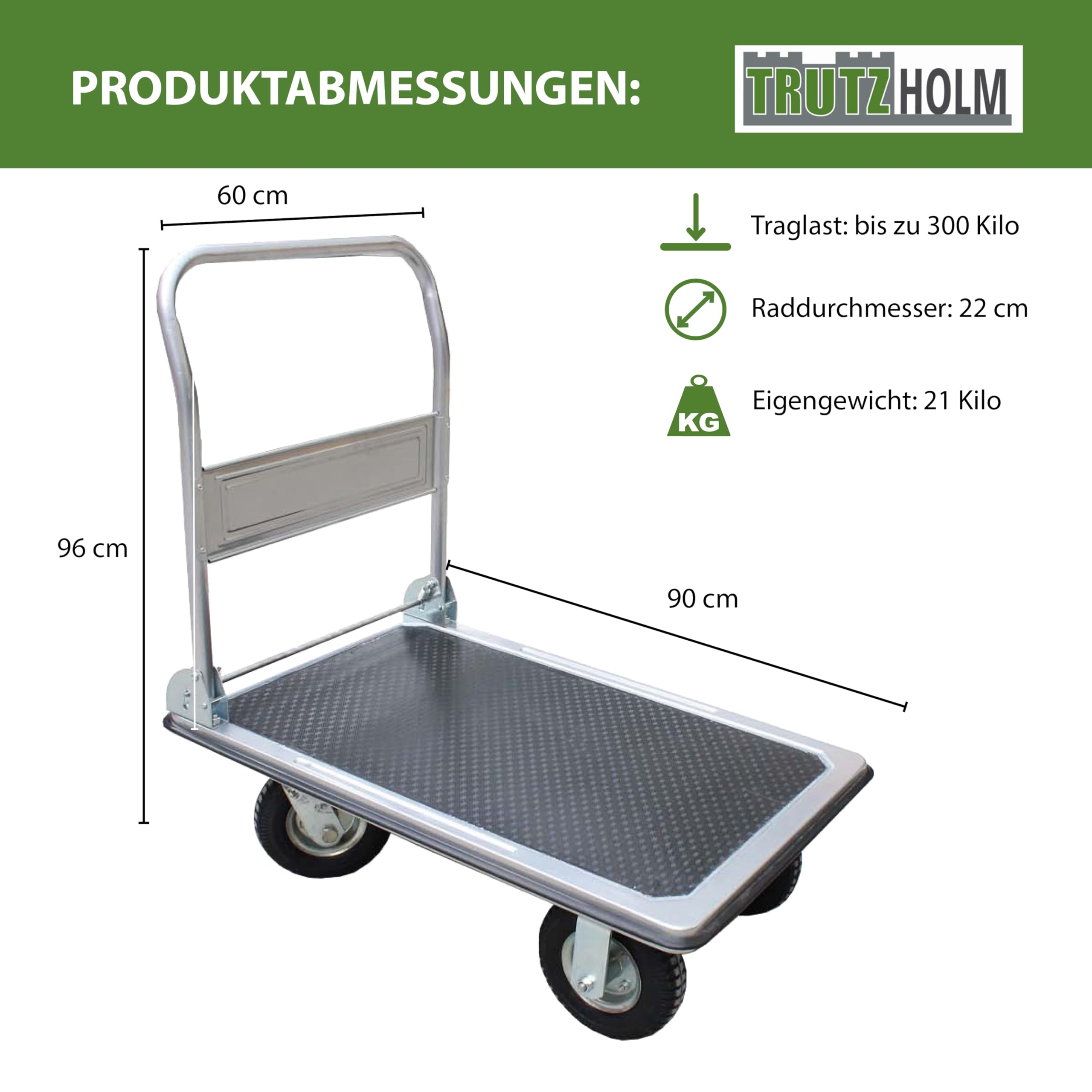 Plattformwagen 300 kg luftbereift Transportwagen Handwagen Paketwagen Transporthilfe mit Lenkrollen Transportkarre 22cm XXL Lufträder kugelgelagert 90 x 60 x 96 (L x B x H)