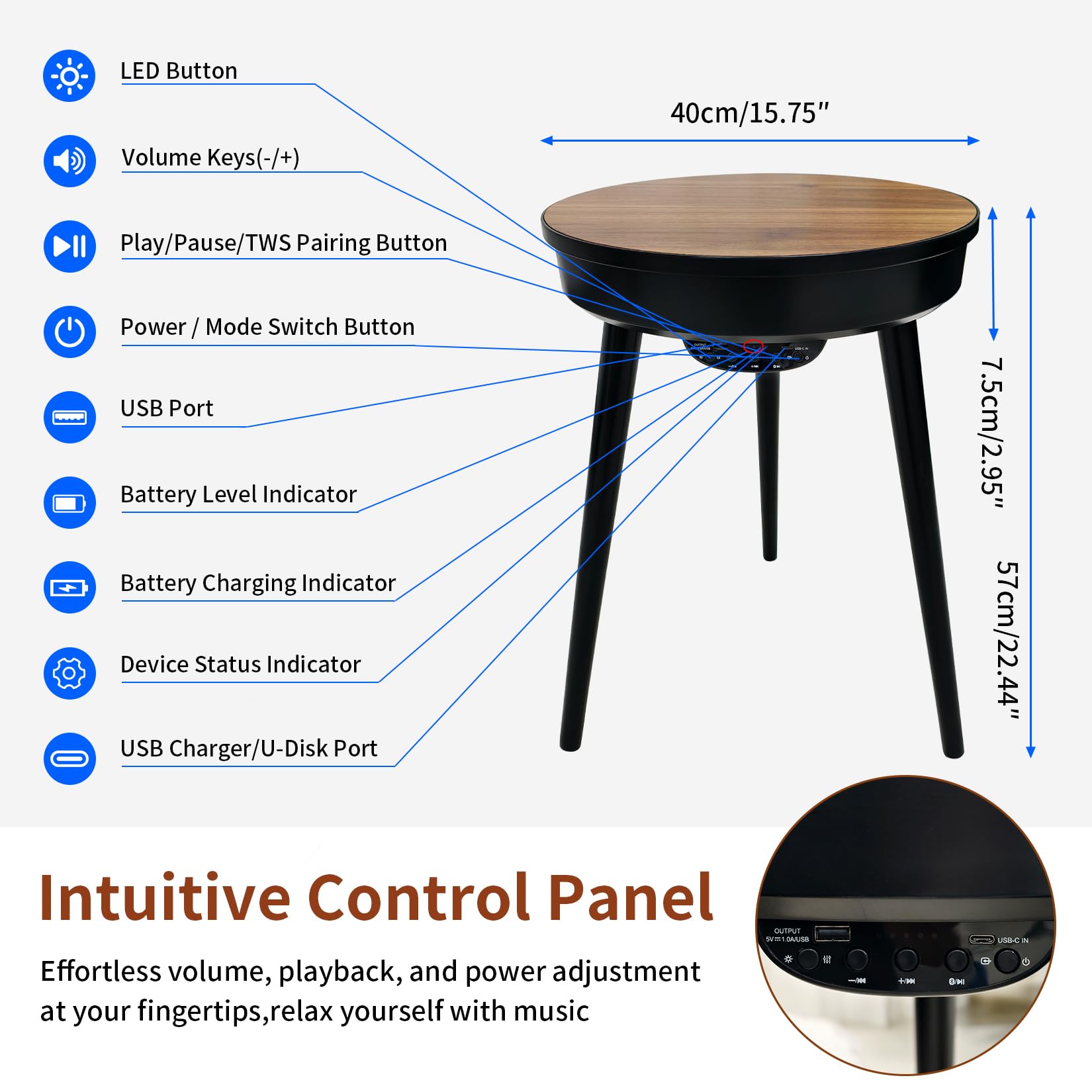 FATIVO Tavolino Basso con Bluetooth Speaker per Soggiorno: Comodino Piccolo camera da letto Rotondo Tavolino Caffè in Legno da Salotto con Porta USB, 40x40x57 cm