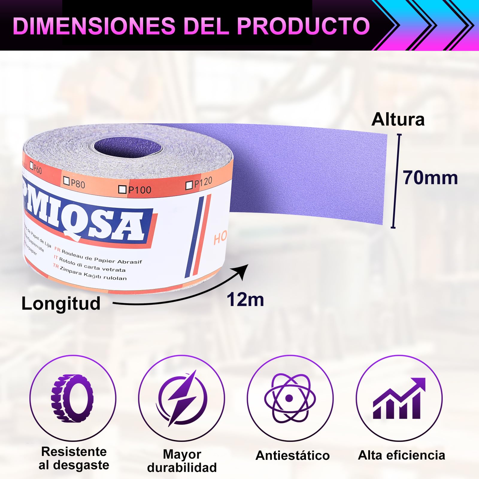 Rollo De Papel De Lija Con Gancho Y Bucle, 12m X 70mm, Grano 40, Papel De Lija De Cerámica, Adecuado Para AutomocióN, Lijado De Madera Y Metalurgia(Cerámica)