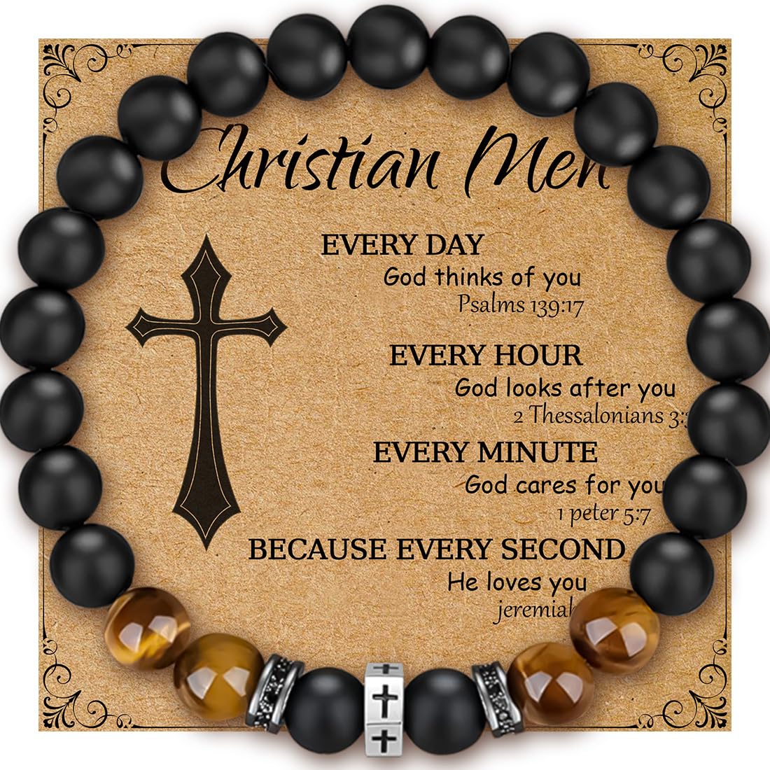 Pulsera cristiana con cuentas de ojo de tigre de 0.315 in Pulsera de cuentas de cruz negra Regalo de joyería para hombres religiosos, Talla única, Piedra, No es una piedra preciosa