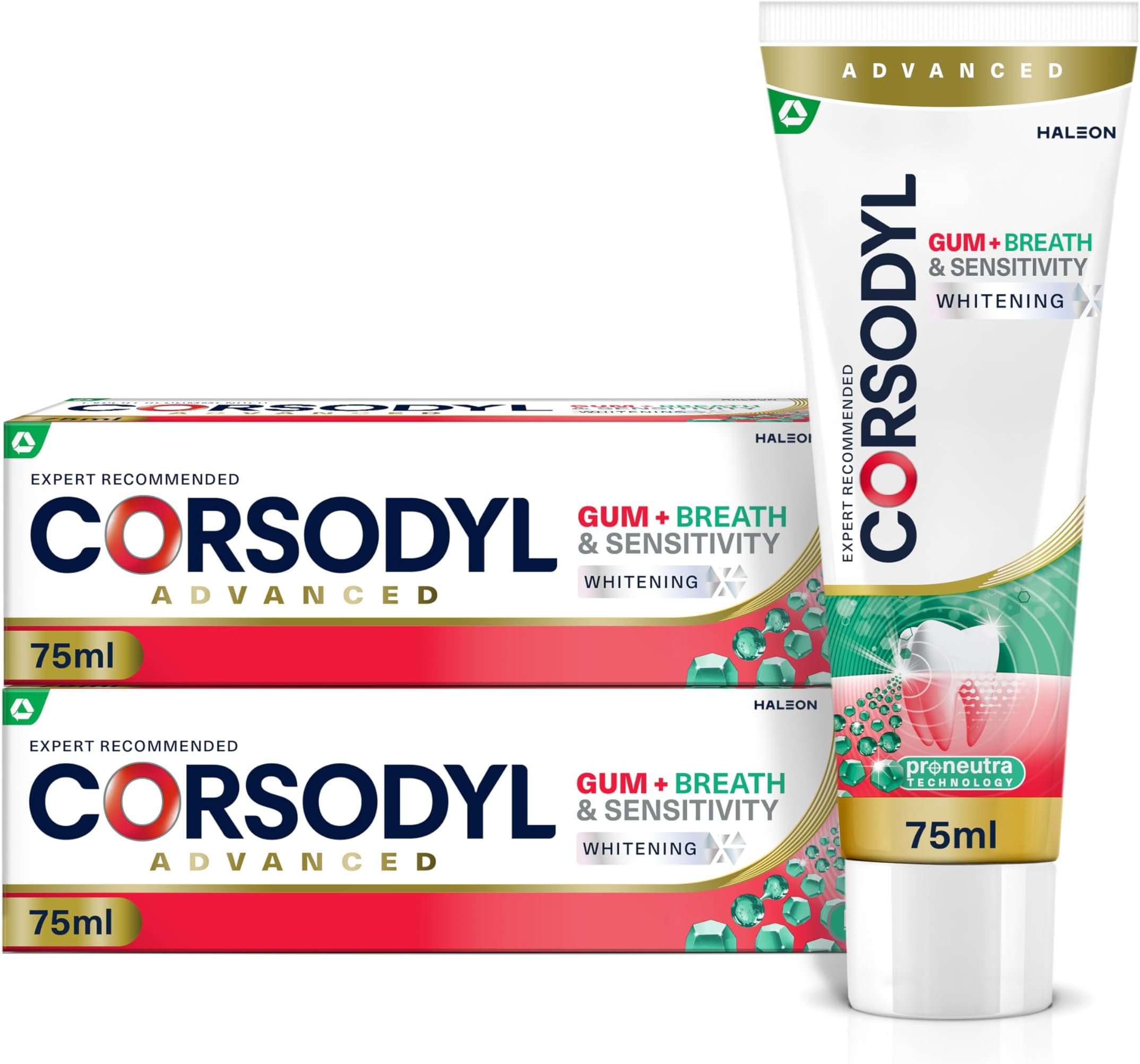 Corsodyl Toothpaste Gum+ Breath & Sensitivity, Whitening Toothpaste, for Sensitive Teeth and Bad Breath, Pack of 2 x 75ml