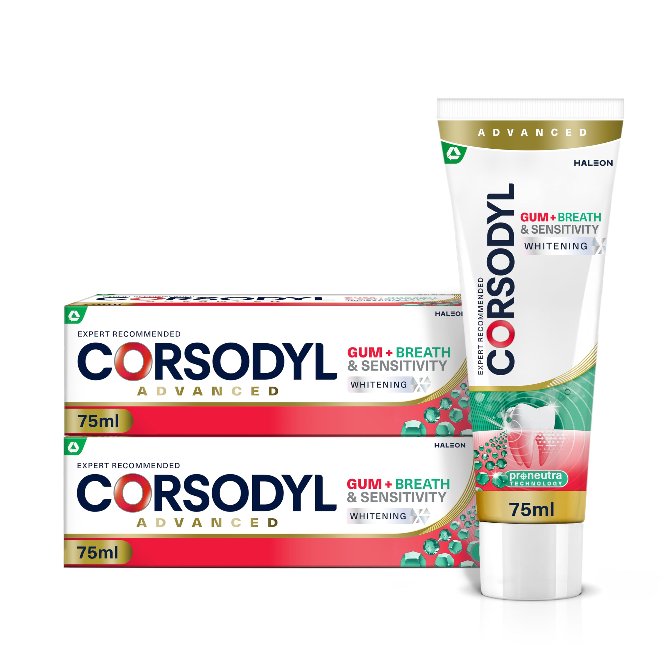 Corsodyl Toothpaste Gum+ Breath & Sensitivity, Whitening Toothpaste, for Sensitive Teeth and Bad Breath, Pack of 2 x 75ml
