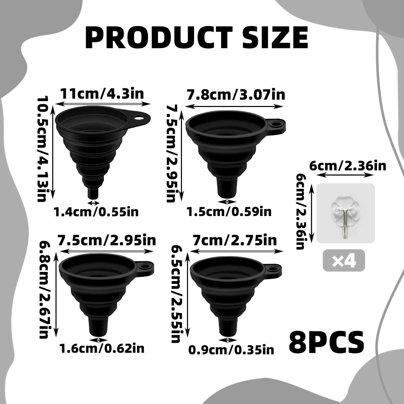 Embudo Plegable de 4 Tamaños, Embudo Cocina, Embudo Pequeño Embudo Grande, Embudo de Silicona para Cocina, Mini Embudo Plegable para Transferencia de Líquidos de Cerveza (S/M/L/XL)
