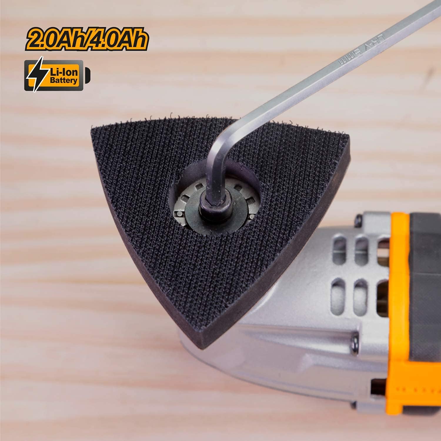 Close-up of a hex key being used to secure an attachment to the oscillating multi-tool