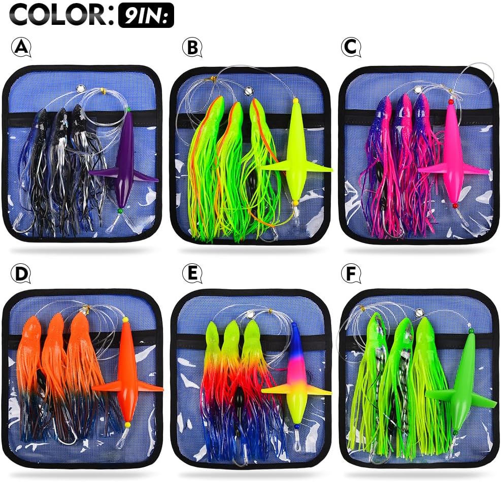 Bird Teaser Chain Lures Trolling Lure - Big Game Teaser Saltwater Offshore Tuna Mahi Wahoo Fully Rigged Bulb Squid Teasers Trolling Fishing Lures with Mesh Bag