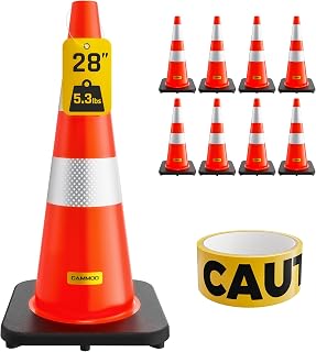 CAMMOO 8 Pack 28 Inch Traffic Cones with Black Base, MUTCD-Compliant Reflective Collars & Caution Tape - Extreme -22°F to 131°F Weatherproof