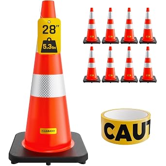 CAMMOO 8 Pack 28 Inch Traffic Cones with Black Base, from -22F to 131F, MUTCD-Compliant Orange Safety Cone with Reflective Collar & Extra Caution Tape for Parking Lot, Construction Work, Road Safety