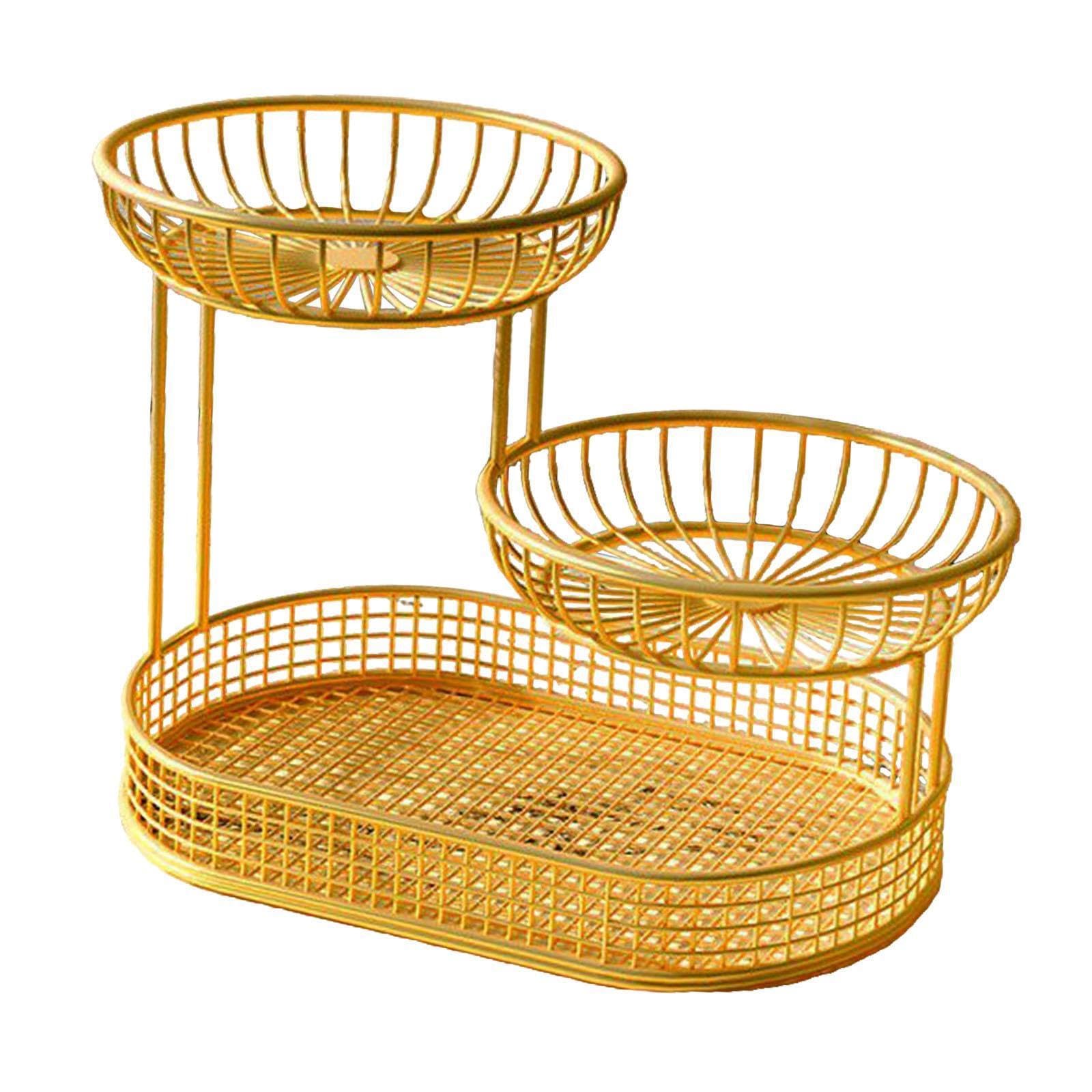 Yixannx Gold Three Tier Iron Wire Snacks Serving Tray Plate For Showcasing Fruits And Organizing Snacks For Parties Vegetable Bread Holder Stand Kitchen Counter 26X32cm