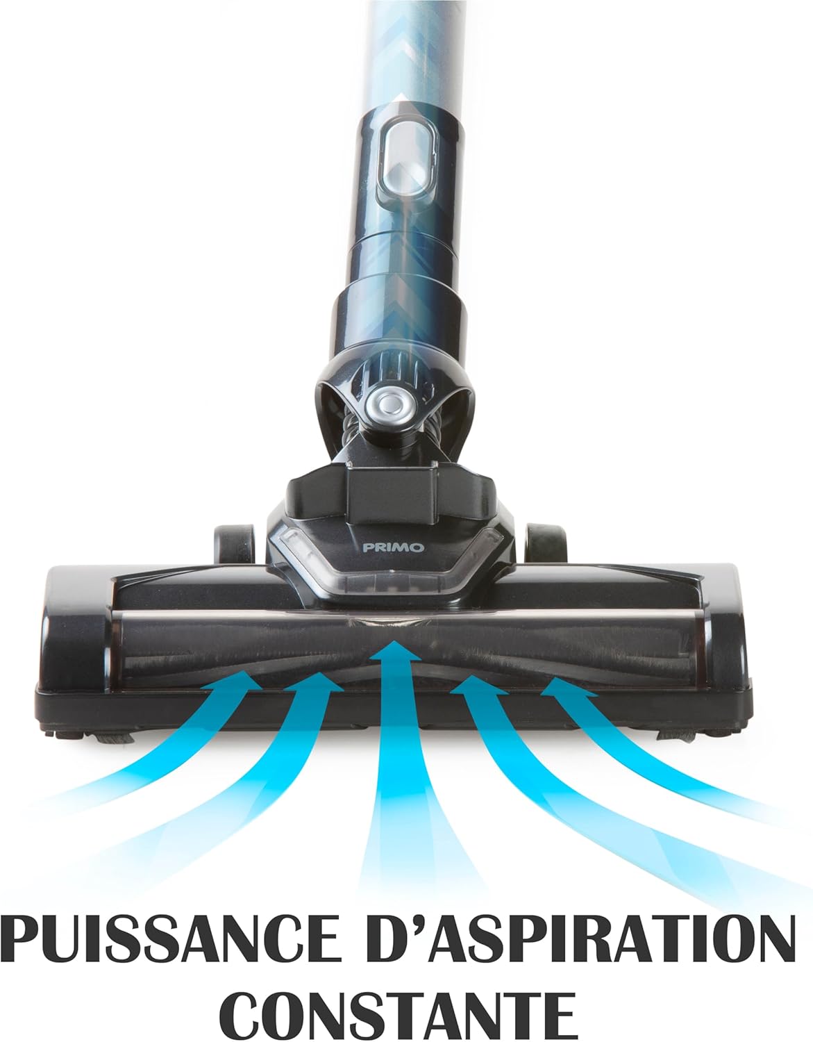 Illustration of constant suction power from the PRIMO PR501SV floor brush, with blue arrows indicating airflow into the vacuum head.