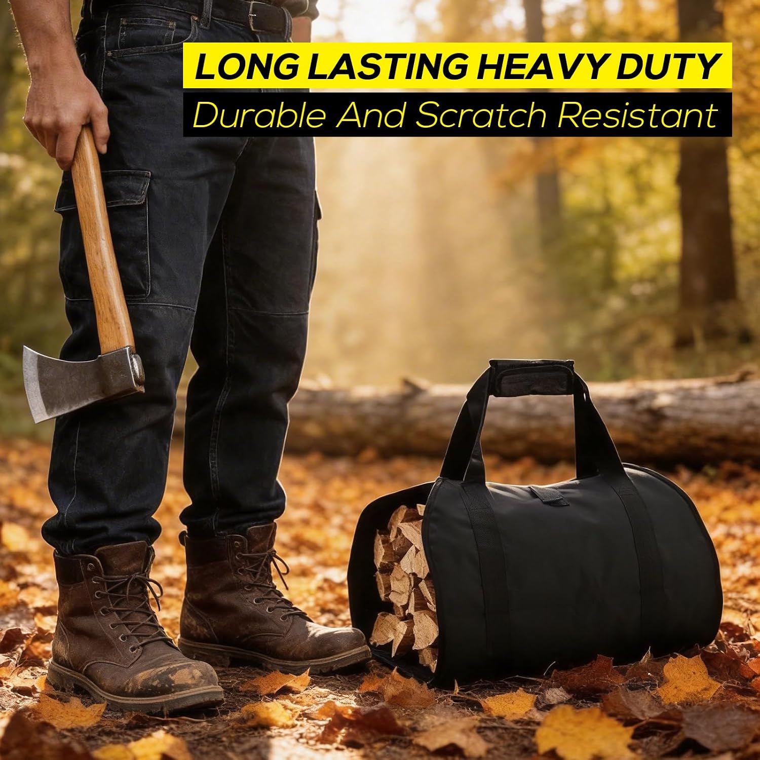 FLASLD Firewood Carrier Waxed Canvas Firewood Bag Heavy Duty Large Fireplace Carrier Durable Log Tote Fire Wood Carring Bag with Handles Wood Sling Holder Cabin Stove Accessories (Black)