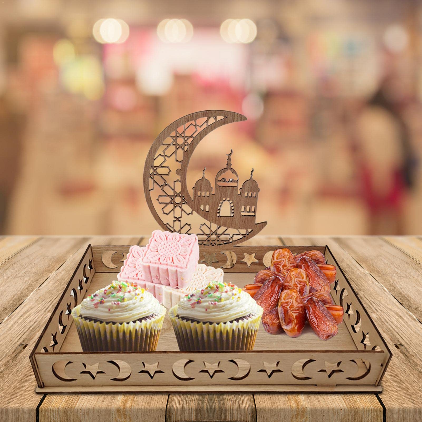 Ramadan Houten Dienblad, Vierkante Ramadan Houten Lade Maan Sterplaat Maaltijd, Eid Mubarak Party , Gebak Display Stand Decoratie, Islam Moslim Party Serveerlade Feestelijke Tafel Decoratie