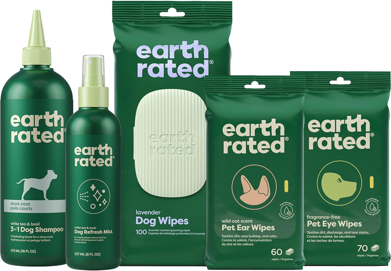 Earth Rated Short Coat Essentials - Dog Shampoo, Grooming Wipes & Refresh Mist, Ear Wipes, Eye Wipes