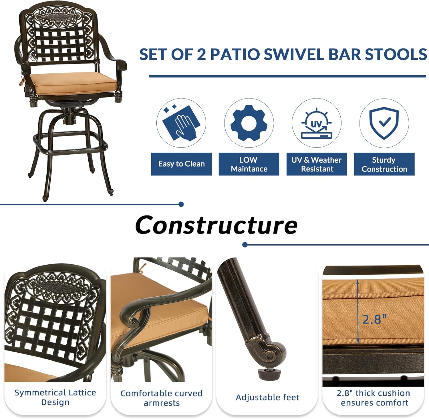 5 Piece Patio Cast Aluminum Bar Dining Set, Outdoor Free-Rust Patio Bar Table & Chairs Set, Include 4 Swivel Bar Stool Chairs & 38.5" Bar Height Table W/ 2" Umbrella Hole for Deck Garden