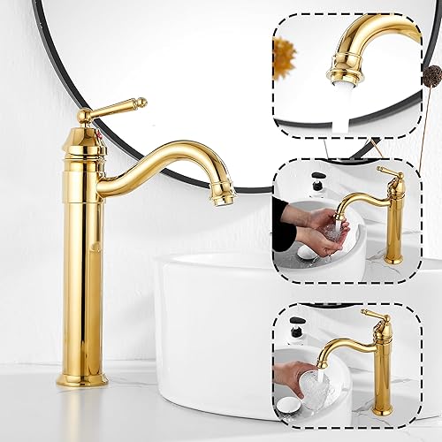 Miniatura 3 de GGStudy Grifos de lavabo de baño de un solo agujero de cuerpo alto, acabado dorado con secador desplegable sin desbordamiento