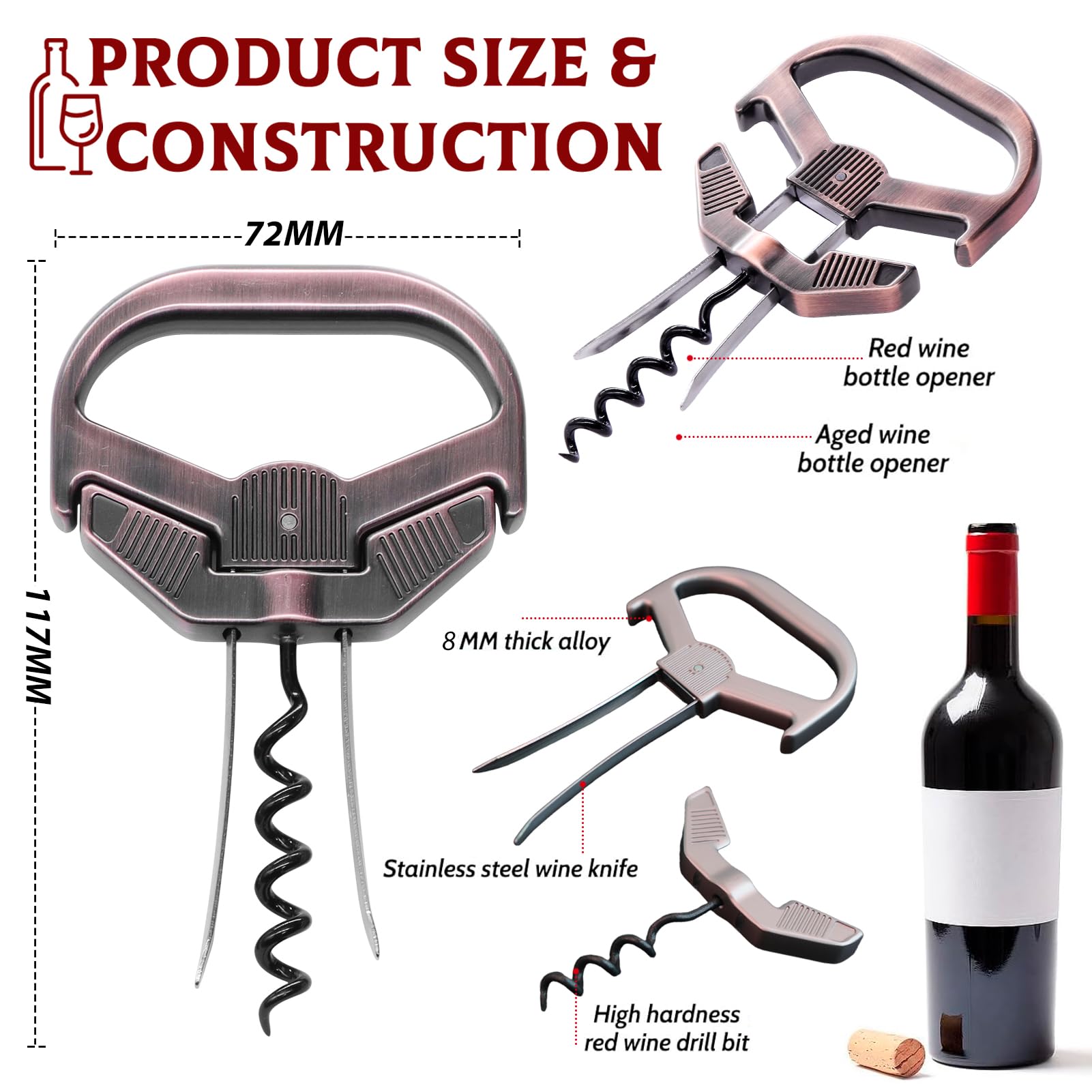 Ah So Weinöffner für Vintage Flaschen, Alter Wein Korkenzieher mit Tragbarer Lederhülle, Weinflaschenöffner für Weinkenner & Sammler zum Entkorken, Geschenk für Weinliebhaber (Kupfer1)