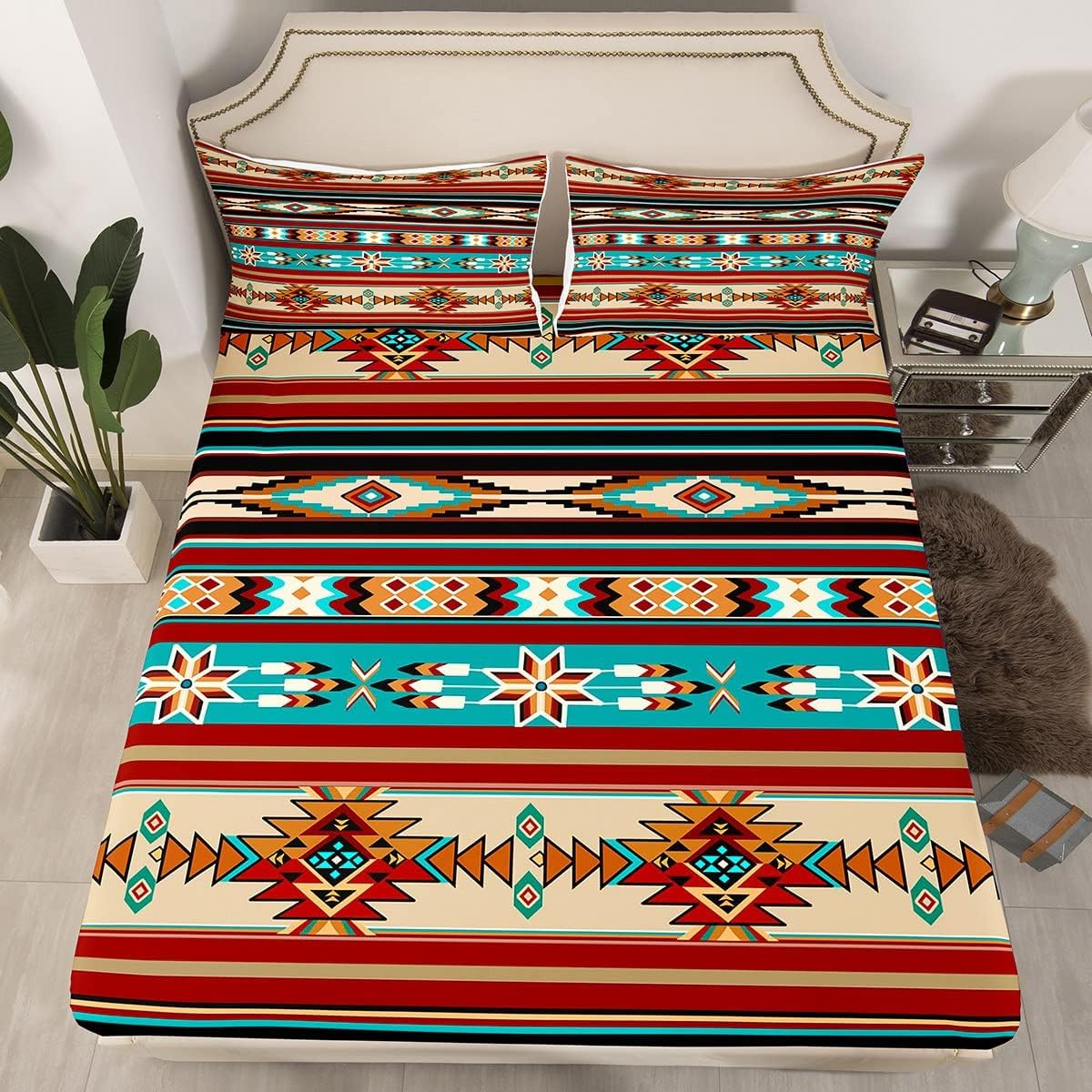Western Bed Sheet Set Boho Aztec Bed Sheets Cowboy Cowgirl Southwestern Bedding Set for Kids Boys Girls Rustic Farmhouse Country Bedroom Decor Bohemian Tribe Arrow Retro Sheet Sets Queen Size 4Pcs