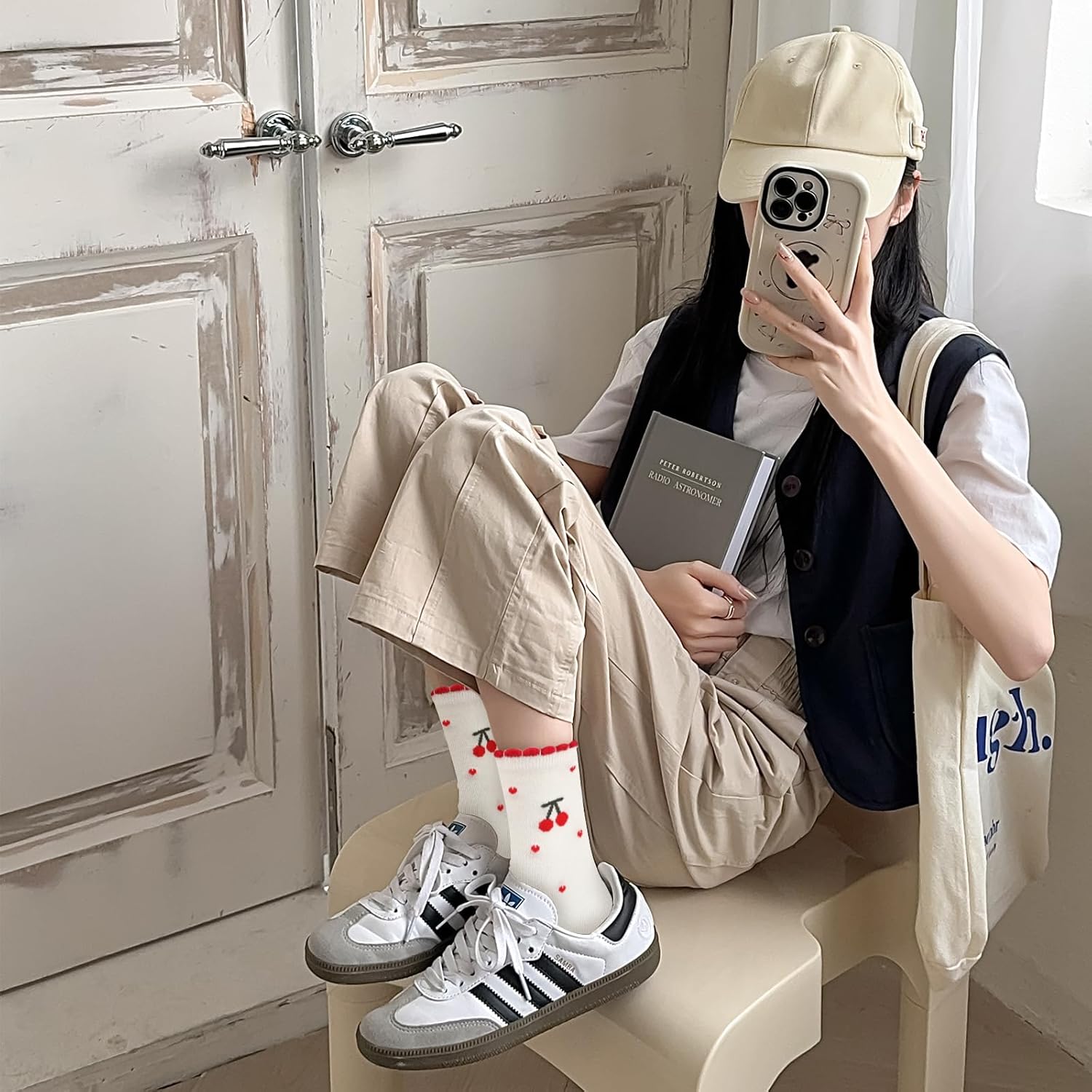 Women's Cute Crew Socks, Casual Athletic Cotton Bowknot Cherry Calf Novelty Socks for Women - Image 6