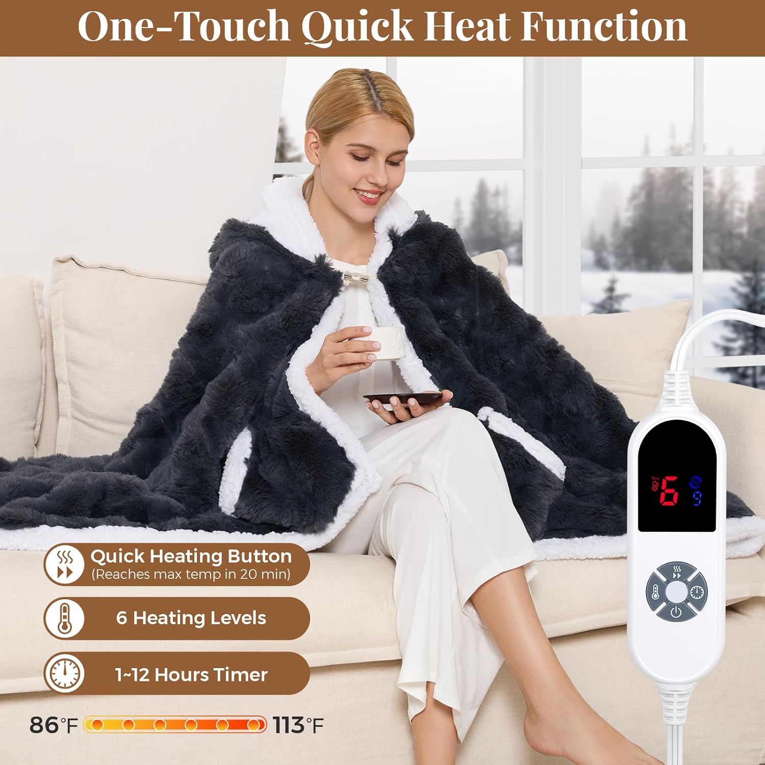 Wearable Heated Blanket Hoodie, Luxury Faux Fur & Sherpa Electric Throw Blanket, Heated Shawl Wraps Poncho with Pockets for Women Men, 3 Heat Levels & 12H Timer, ETL & FCC Certified, 40"x70",Dark Grey - Image 4