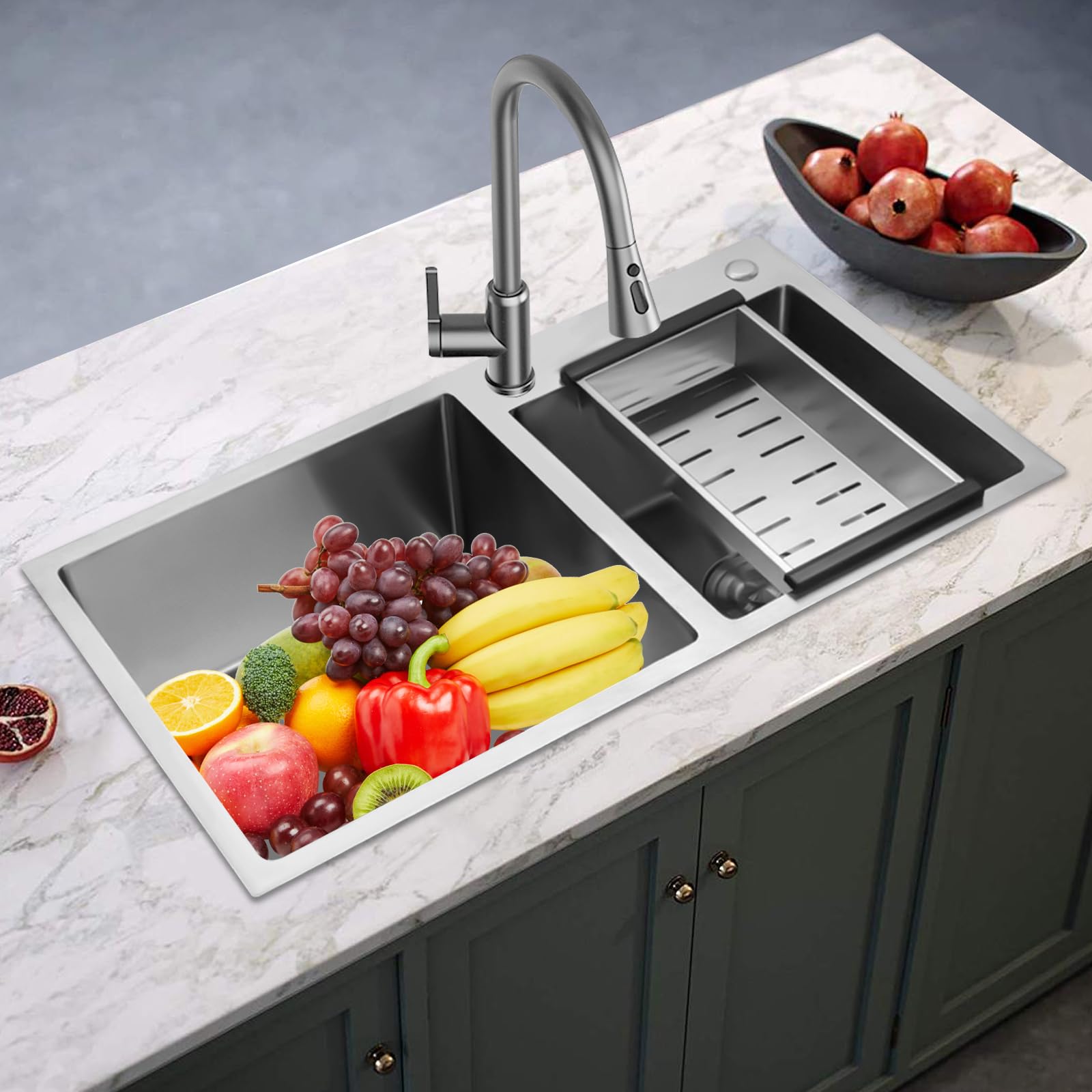 Lavello da cucina in acciaio inox, 2 vasche Lavandino cucina con sifone, set di scarico e scarico, 78 x 43 x 21 cm